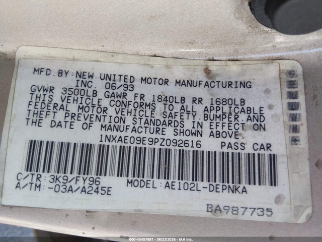 Aukcja sprzedaży 1993 Toyota Corolla Le/dx, vin: 1NXAE09E9PZ092616, numer aukcji: 45457897