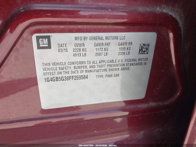 2015 Buick Lacrosse Leather მანქანა იყიდება აუქციონზე, vin: 1G4GB5G38FF259584, აუქციონის ნომერი: 45457908