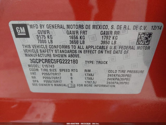 3GCPCREC5FG222180 Chevrolet Silverado 1500 Lt