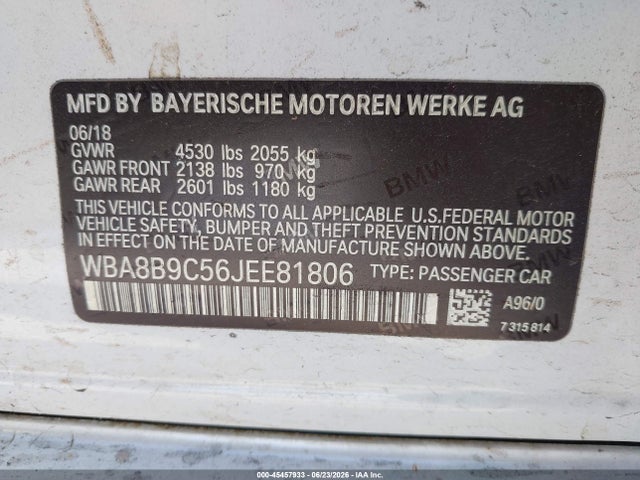 45457933 :رقم المزاد ، WBA8B9C56JEE81806 vin ، 2018 Bmw 330i مزاد بيع