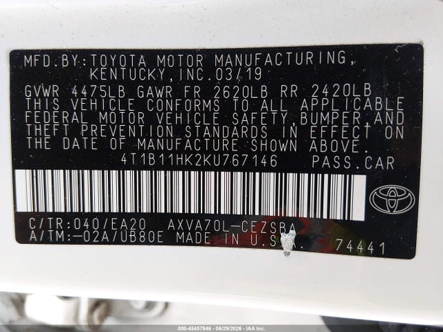 Toyota CAMRY SE 2019 4T1B11HK2KU767146 Image 9