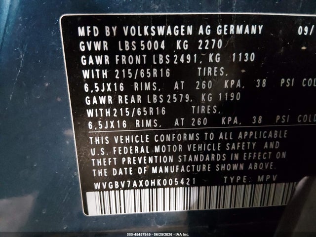 Продажа на аукционе авто 2017 Volkswagen Tiguan 2.0t/2.0t S, vin: WVGBV7AX0HK005421, номер лота: 45457949