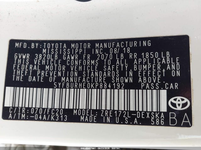 Toyota COROLLA SE 2019 5YFBURHE0KP884192 Image 9