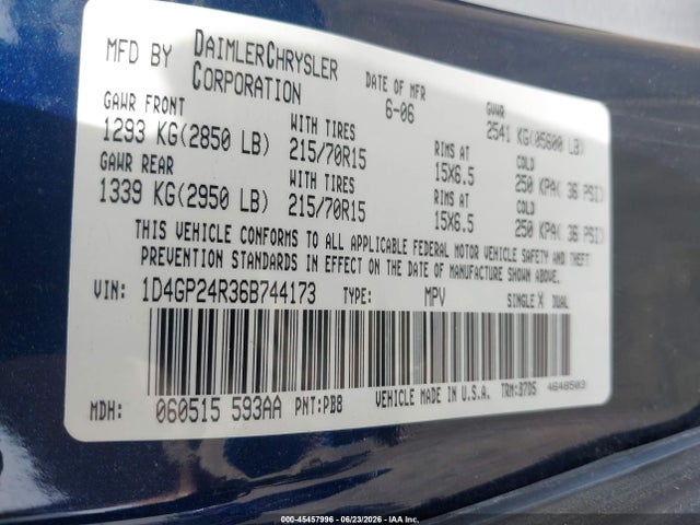 45457996 :رقم المزاد ، 1D4GP24R36B744173 vin ، 2006 Dodge Grand Caravan Se مزاد بيع