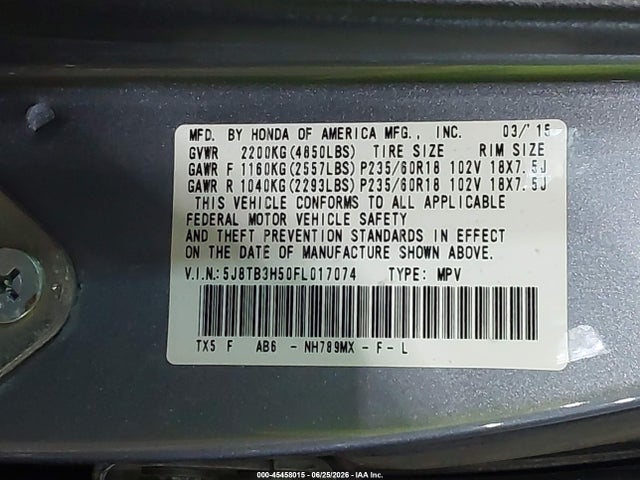 45458015 :رقم المزاد ، 5J8TB3H50FL017074 vin ، 2015 Acura Rdx مزاد بيع