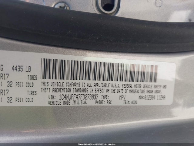 Aukcja sprzedaży 2015 Jeep Patriot High Altitude Edition, vin: 1C4NJPFA7FD273837, numer aukcji: 45458055
