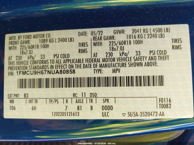 Auction sale of the 2022 Ford Escape Sel, vin: 1FMCU9H67NUA80858, lot number: 45458062