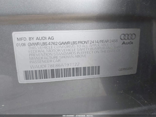 Aukcja sprzedaży 2006 Audi A4 2.0t, vin: WAUDF78E86A197122, numer aukcji: 45458067