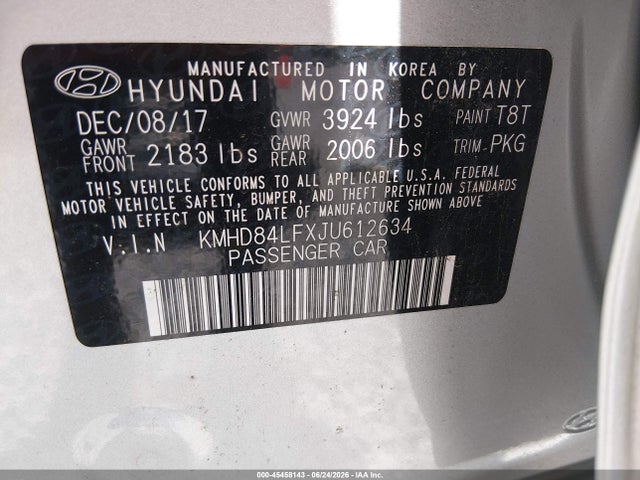 45458143 :رقم المزاد ، KMHD84LFXJU612634 vin ، 2018 Hyundai Elantra Limited مزاد بيع