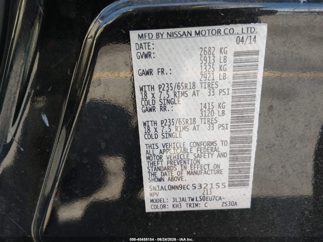 45458154 :رقم المزاد ، 5N1AL0MN9EC532155 vin ، 2014 Infiniti Qx60 مزاد بيع