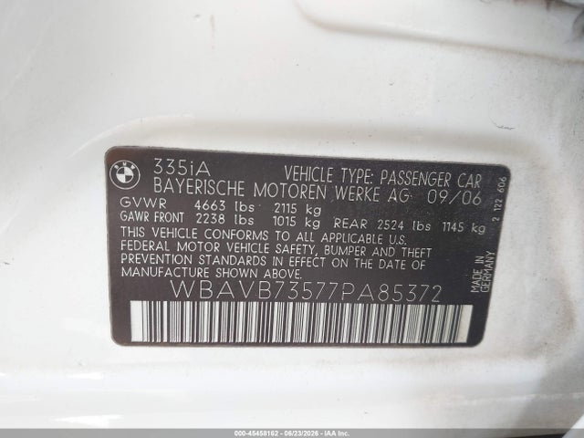 Продажа на аукционе авто 2007 Bmw 335i, vin: WBAVB73577PA85372, номер лота: 45458162