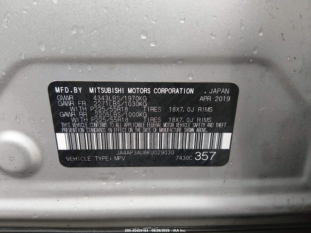 Aukcja sprzedaży 2019 Mitsubishi Outlander Sport 2.0 Es, vin: JA4AP3AU8KU029030, numer aukcji: 45458164