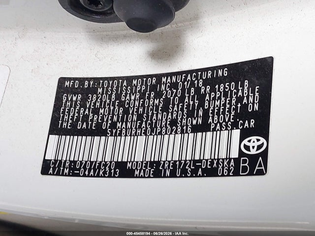 Toyota COROLLA SE 2018 5YFBURHE0JP802816 Image 9