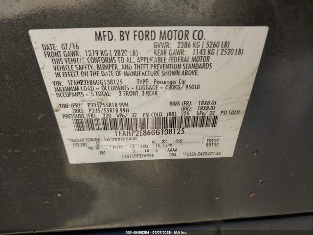 Ford TAURUS SEL 2016 1FAHP2E86GG138125 Image 9