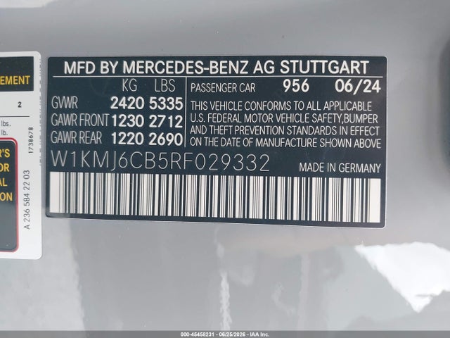 Aukcja sprzedaży 2024 Mercedes-benz Amg Cle 53, vin: W1KMJ6CB5RF029332, numer aukcji: 45458231