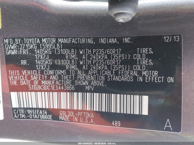 5TDZK3DC1ES443866 Toyota Sienna L V6 7 Passenger