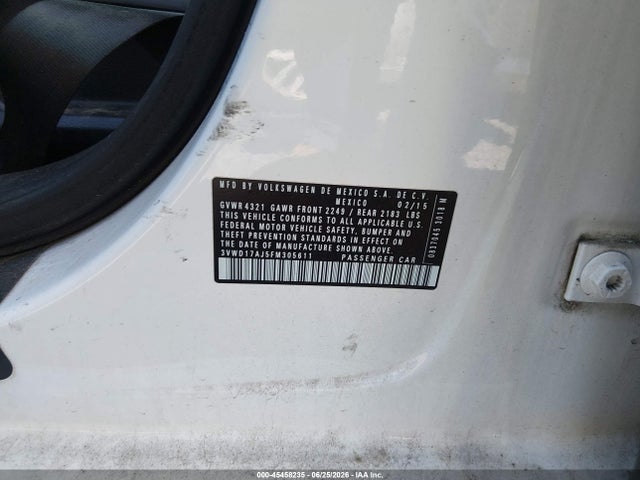 2015 Volkswagen Jetta 1.8t Se მანქანა იყიდება აუქციონზე, vin: 3VWD17AJ5FM305611, აუქციონის ნომერი: 45458235
