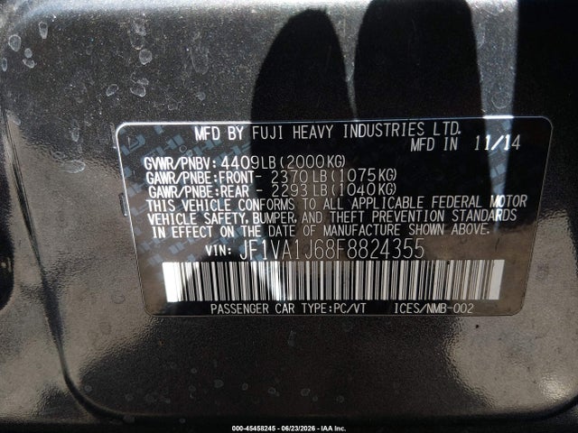 45458245 :رقم المزاد ، JF1VA1J68F8824355 vin ، 2015 Subaru Wrx Limited مزاد بيع