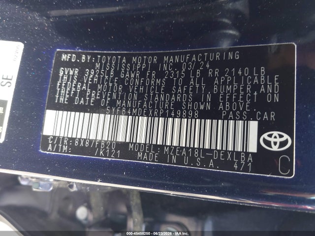 45458250 :رقم المزاد ، 5YFB4MDEXRP149898 vin ، 2024 Toyota Corolla Le مزاد بيع