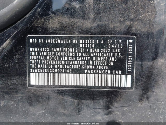 2019 Volkswagen Jetta 1.4t R-line/1.4t S/1.4t Se მანქანა იყიდება აუქციონზე, vin: 3VWC57BU3KM024166, აუქციონის ნომერი: 45458263