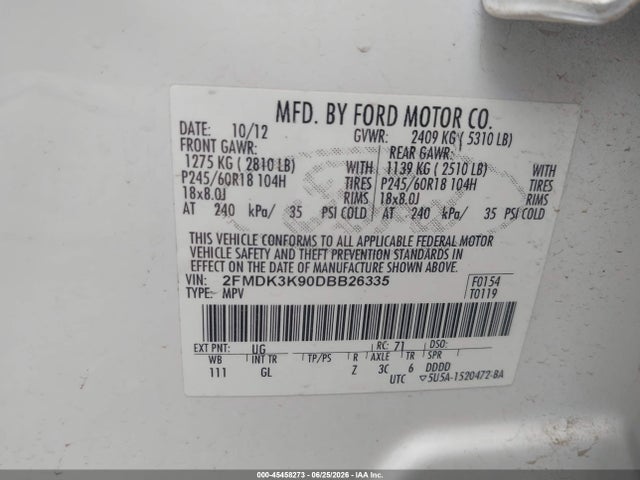 45458273 :رقم المزاد ، 2FMDK3K90DBB26335 vin ، 2013 Ford Edge Limited مزاد بيع