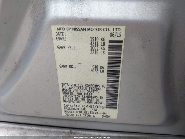 Продажа на аукционе авто 2015 Nissan Altima 2.5 S, vin: 1N4AL3AP0FC461009, номер лота: 45458302