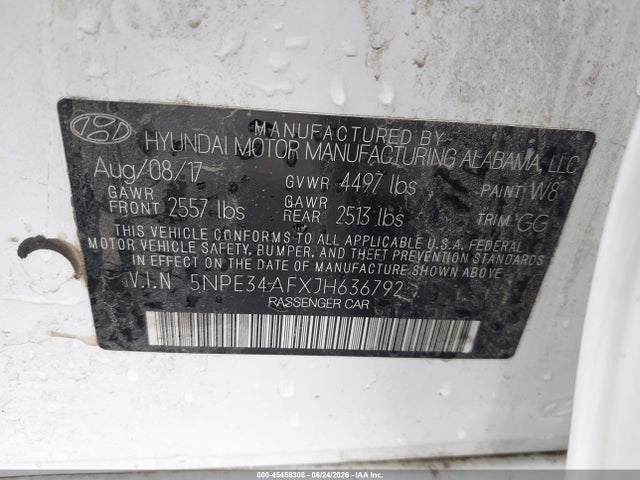 Aukcja sprzedaży 2018 Hyundai Sonata Sel, vin: 5NPE34AFXJH636792, numer aukcji: 45458308