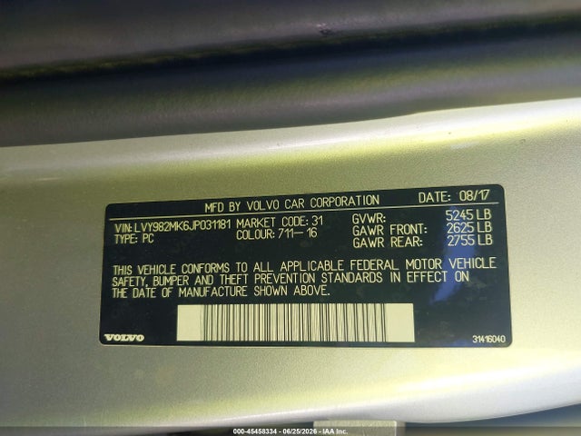 45458334 :رقم المزاد ، LVY982MK6JP031181 vin ، 2018 Volvo S90 T5 Momentum مزاد بيع