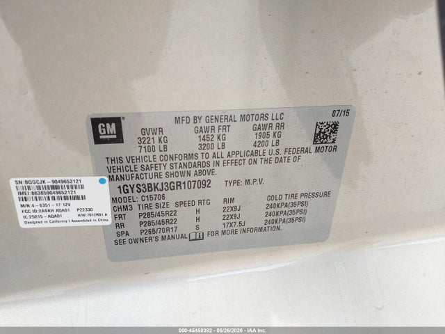 Aukcja sprzedaży 2016 Cadillac Escalade Luxury Collection, vin: 1GYS3BKJ3GR107092, numer aukcji: 45458382