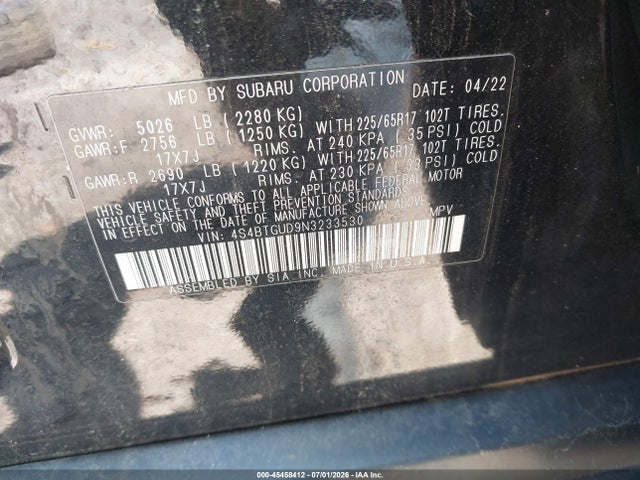 Aukcja sprzedaży 2022 Subaru Outback Wilderness, vin: 4S4BTGUD9N3233530, numer aukcji: 45458412