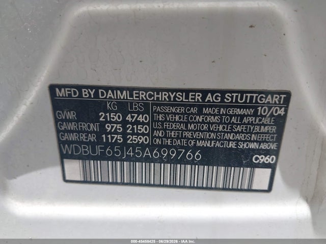 Auction sale of the 2005 Mercedes-benz E 320, vin: WDBUF65J45A699766, lot number: 45458425