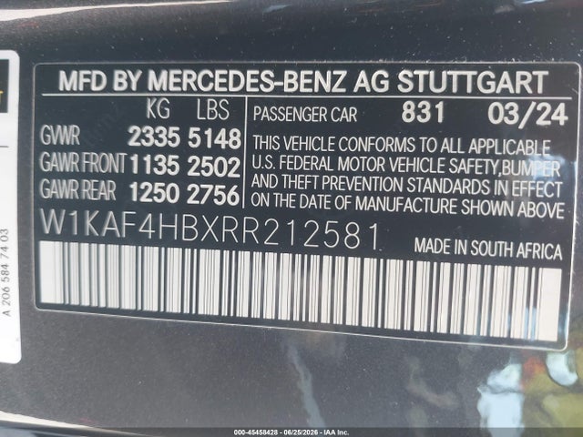 Aukcja sprzedaży 2024 Mercedes-benz C 300, vin: W1KAF4HBXRR212581, numer aukcji: 45458428