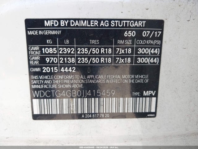 45458449 :رقم المزاد ، WDCTG4GB0JJ415459 vin ، 2018 Mercedes-benz Gla 250 4matic مزاد بيع