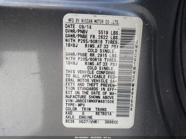 45458451 :رقم المزاد ، JN8CS1MWXFM481506 vin ، 2015 Infiniti Qx70 مزاد بيع