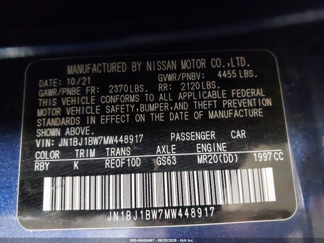 2021 Nissan Rogue Sport Sv Awd Xtronic Cvt მანქანა იყიდება აუქციონზე, vin: JN1BJ1BW7MW448917, აუქციონის ნომერი: 45458467