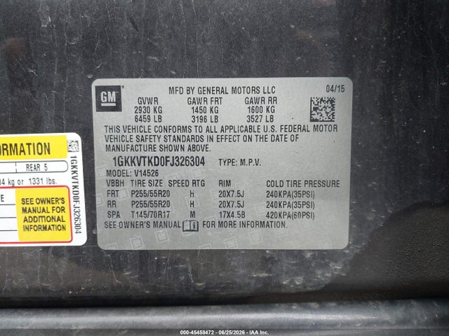 Aukcja sprzedaży 2015 Gmc Acadia Denali, vin: 1GKKVTKD0FJ326304, numer aukcji: 45458472