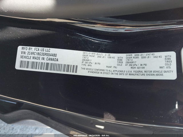 45458525 :رقم المزاد ، 2C4RC1BG3SR554480 vin ، 2025 Chrysler Pacifica Select مزاد بيع