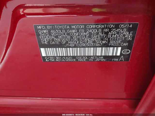 45458574 :رقم المزاد ، JTHBF1D29E5037467 vin ، 2014 Lexus Is 250 مزاد بيع