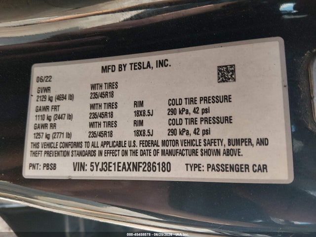 2022 Tesla Model 3 Rear-wheel Drive მანქანა იყიდება აუქციონზე, vin: 5YJ3E1EAXNF286180, აუქციონის ნომერი: 45458578