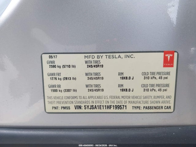 Продажа на аукционе авто 2017 Tesla Model S 60/75, vin: 5YJSA1E11HF199571, номер лота: 45458593