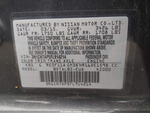 Продаж на аукціоні авто 2015 Nissan Versa 1.6 Sv, vin: 3N1CN7AP5FL914214, номер лоту: 45458605