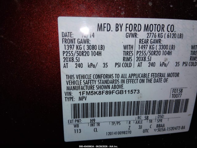 1FM5K8F89FGB11573 Ford Explorer Limited