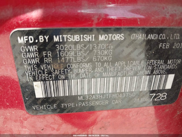 2015 Mitsubishi Mirage De მანქანა იყიდება აუქციონზე, vin: ML32A3HJ1FH043750, აუქციონის ნომერი: 45458649
