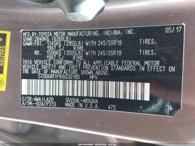 5TDDGRFH1HS030180 Toyota Highlander Hybrid Limited