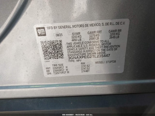 Aukcja sprzedaży 2026 Chevrolet Equinox Awd Lt, vin: 3GNAXPEG2TL235447, numer aukcji: 45458681