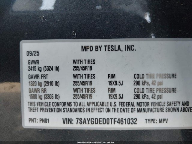45458726 :رقم المزاد ، 7SAYGDED0TF461032 vin ، 2026 Tesla Model Y Premium Rear-wheel Drive/rear-wheel Drive مزاد بيع