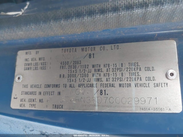 45458762 :رقم المزاد ، JT4RN38D7C0029971 vin ، 1982 Toyota Pickup Rn38 مزاد بيع