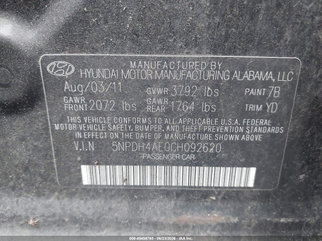 Продажа на аукционе авто 2012 Hyundai Elantra Gls, vin: 5NPDH4AE0CH092620, номер лота: 45458765