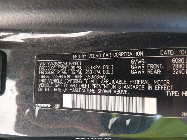 45458776 :رقم المزاد ، YV4952CZ4E1691661 vin ، 2014 Volvo Xc90 3.2 مزاد بيع