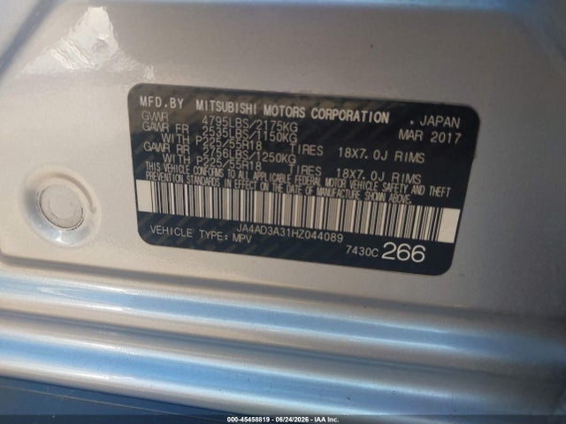 Продаж на аукціоні авто 2017 Mitsubishi Outlander Se, vin: JA4AD3A31HZ044089, номер лоту: 45458819